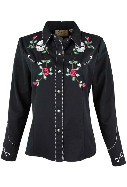 Scully Black with White and Red Embroidery Skull and Roses Snap Shirt