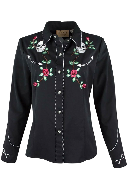 Scully Black with White and Red Embroidery Skull and Roses Snap Shirt