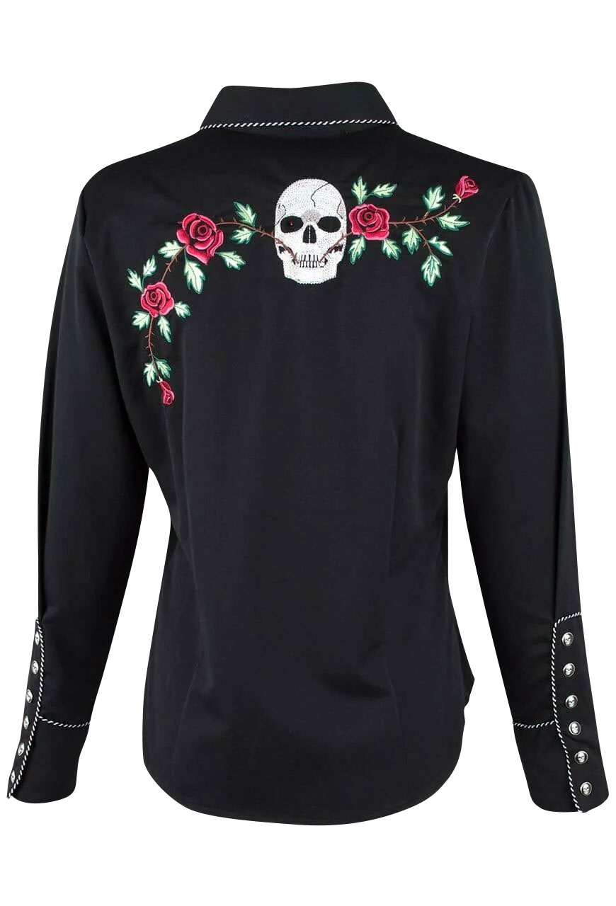 Scully Black with White and Red Embroidery Skull and Roses Snap Shirt