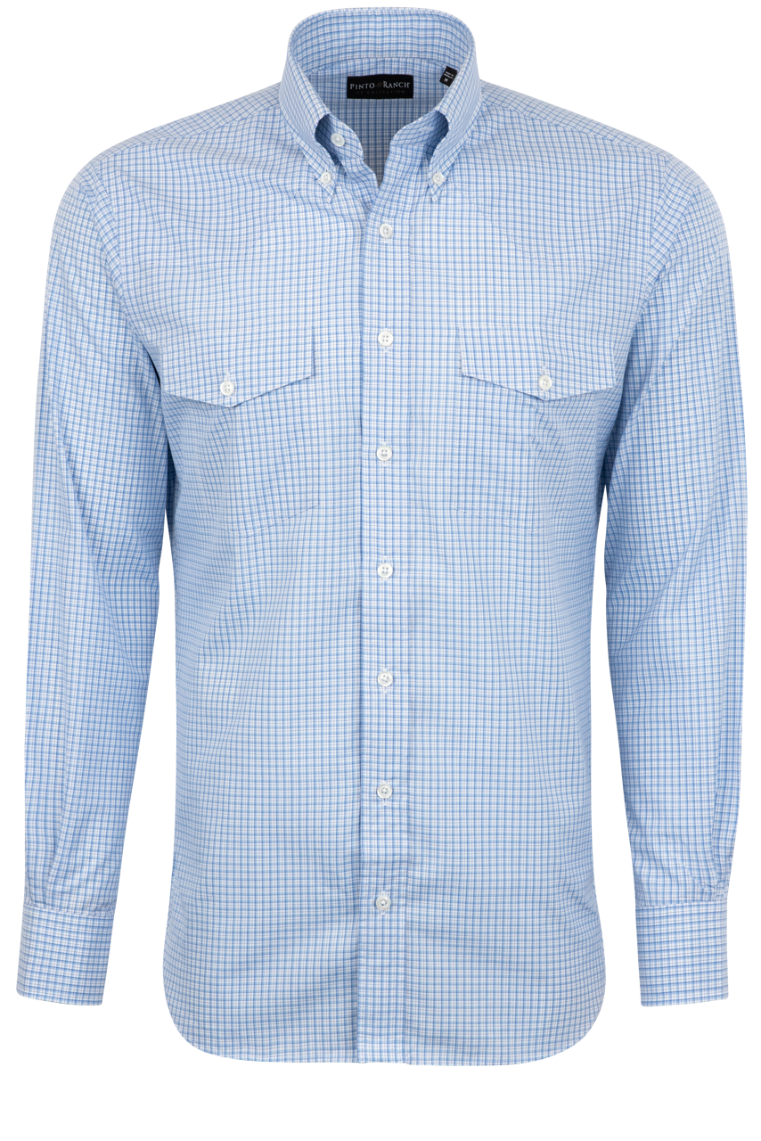 Pinto Ranch YY Collection Poplin Cotton Button-Front Shirt - Blue Check