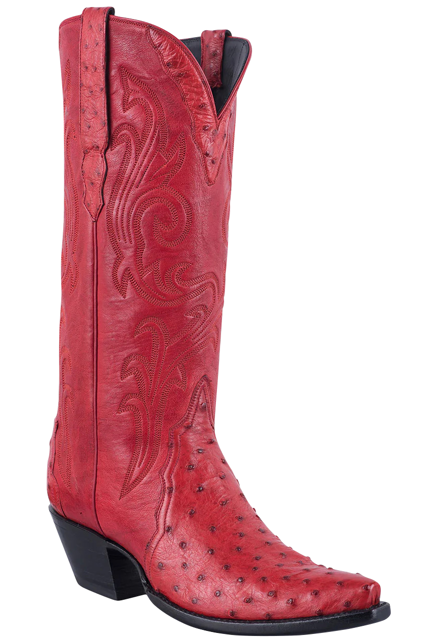 Mens Red Cowboy Boots Real Leather Pattern Ostrich Quill Western Square Toe