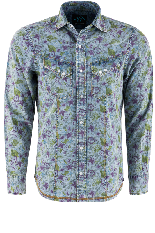 Pinto Ranch YY Collection Printed Long Sleeve Pearl Snap Shirt - Denim