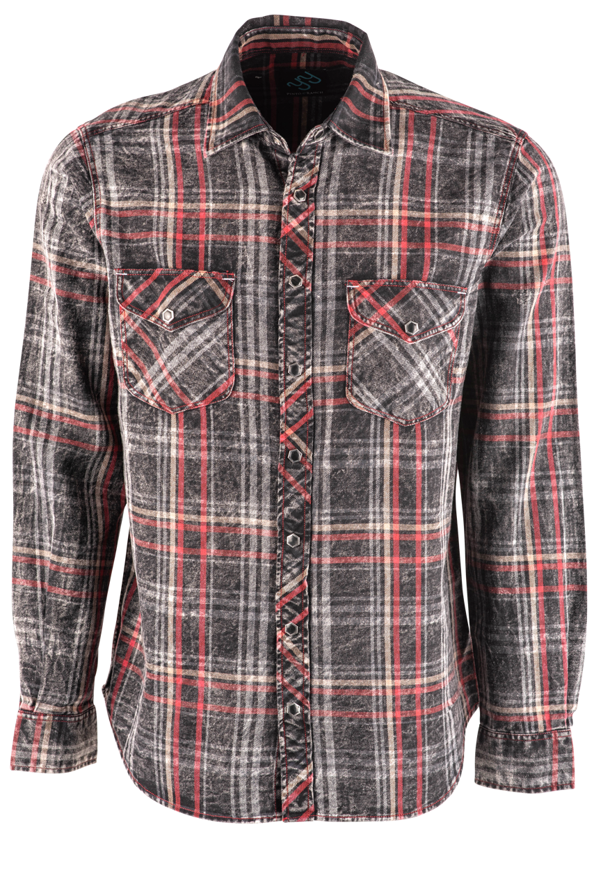 Pinto Ranch YY Collection Washed Plaid Long Sleeve Pearl Snap Shirt - Black, Red, White
