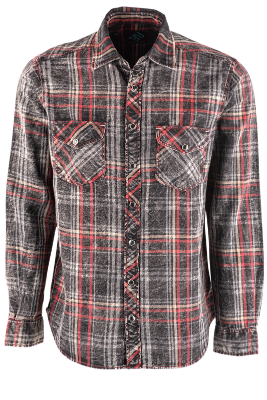 Pinto Ranch YY Collection Washed Plaid Long Sleeve Pearl Snap Shirt - Black, Red, White