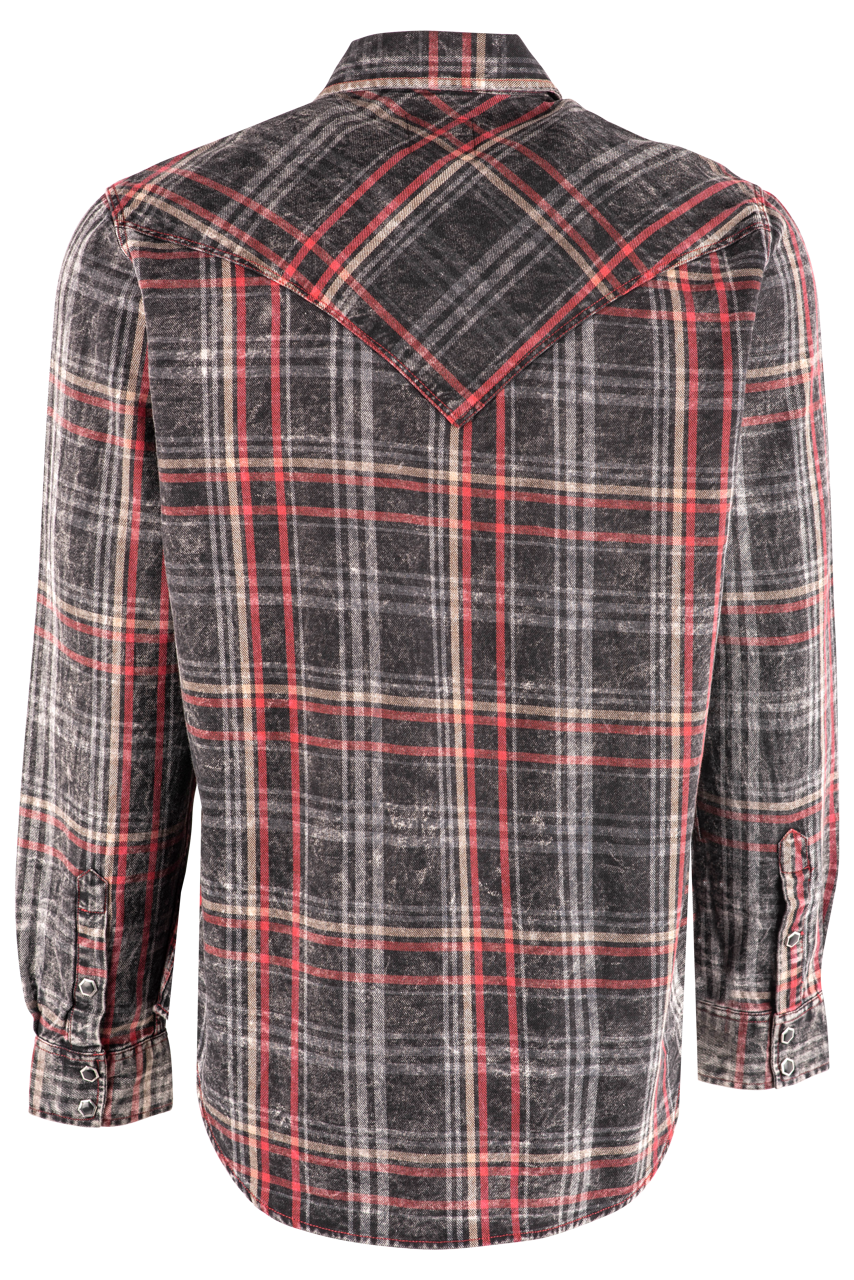 Pinto Ranch YY Collection Washed Plaid Long Sleeve Pearl Snap Shirt - Black, Red, White