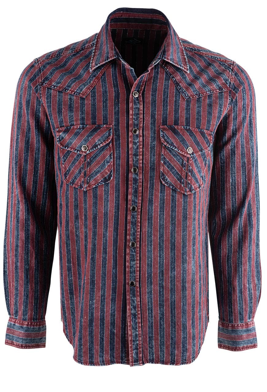 Pinto Ranch YY Collection Red and Indigo Washed Striped Snap Shirt