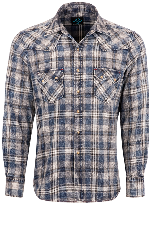 Pinto Ranch YY Collection Washed Plaid Pearl Snap Shirt - Indigo