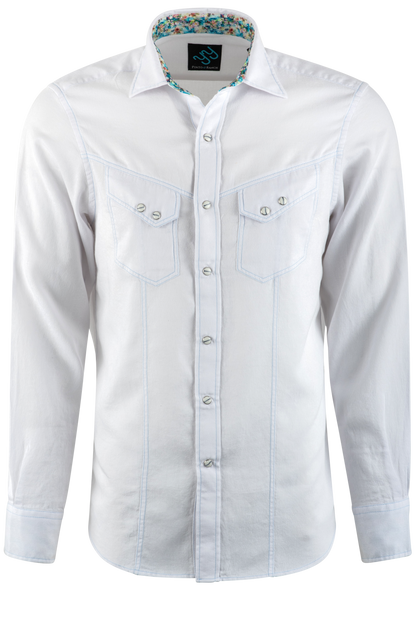 Pinto Ranch YY Collection Washed Long Sleeve Pearl Snap Shirt - White