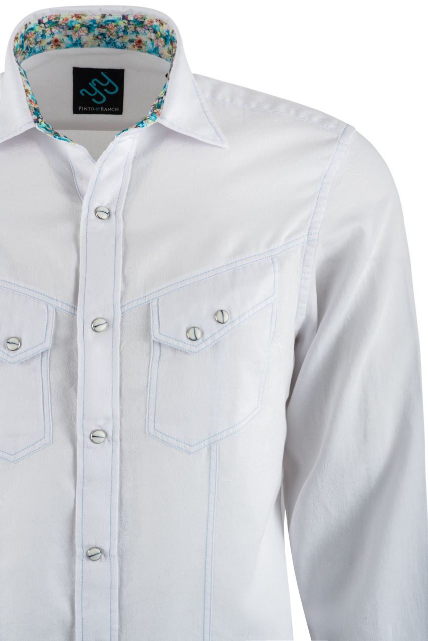 Pinto Ranch YY Collection Washed Long Sleeve Pearl Snap Shirt - White