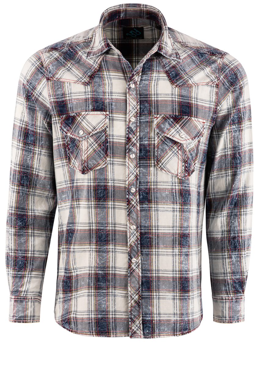 Pinto Ranch YY Collection Washed Plaid Pearl Snap Shirt - White