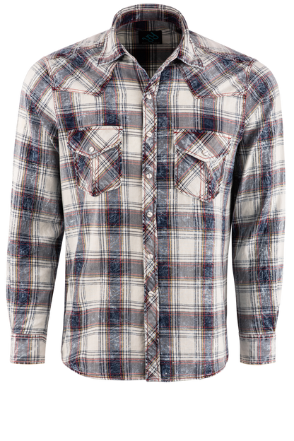 Pinto Ranch YY Collection Washed Plaid Pearl Snap Shirt - White