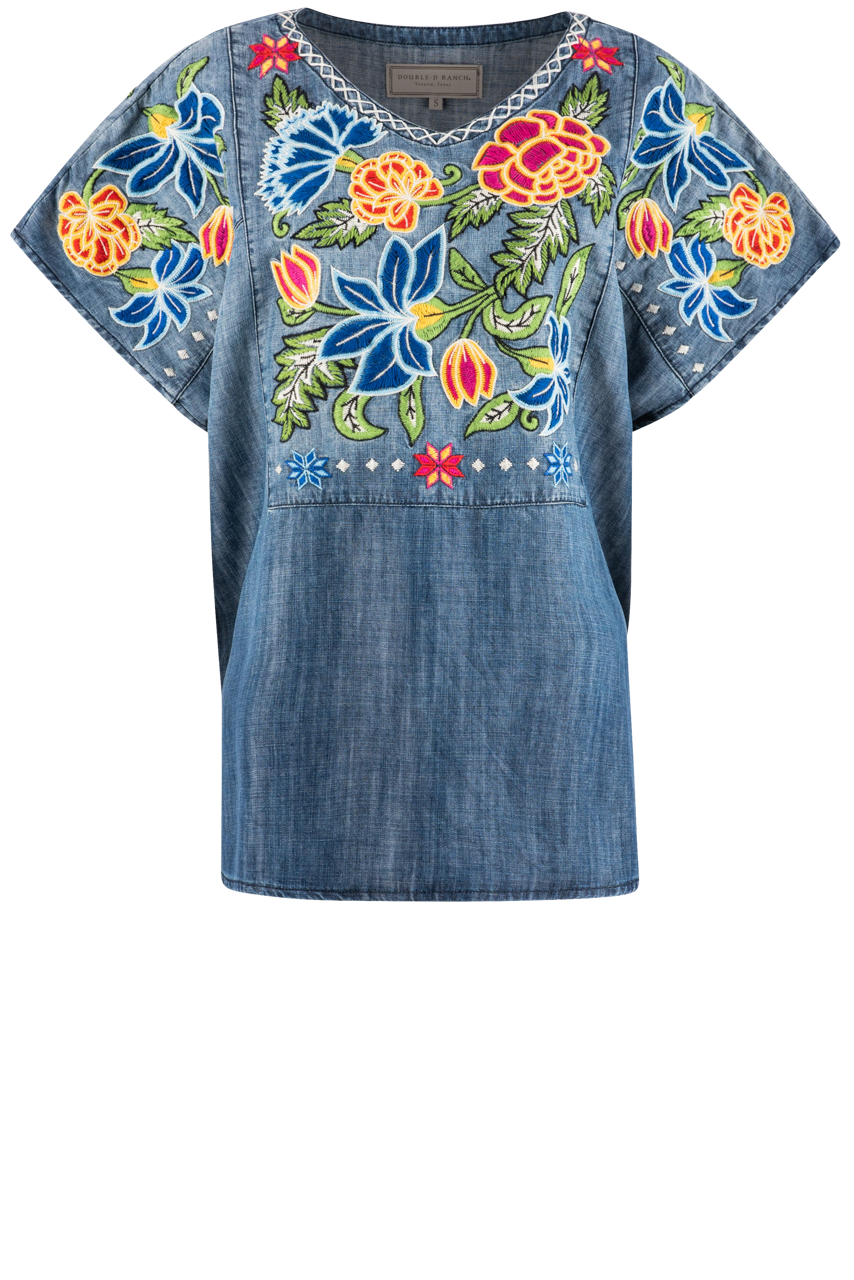 Double D Ranch Denim Floral Embroidery Top