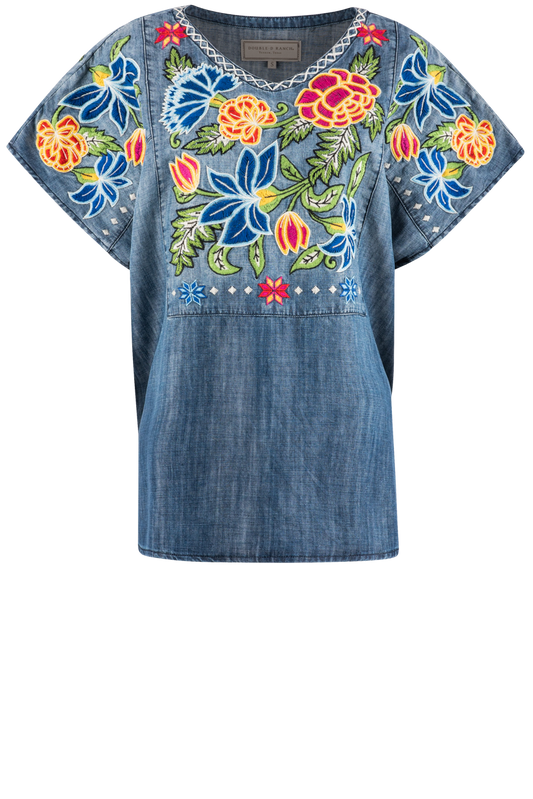 Double D Ranch Denim Floral Embroidery Top