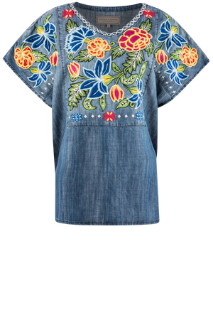 Double D Ranch Denim Floral Embroidery Top