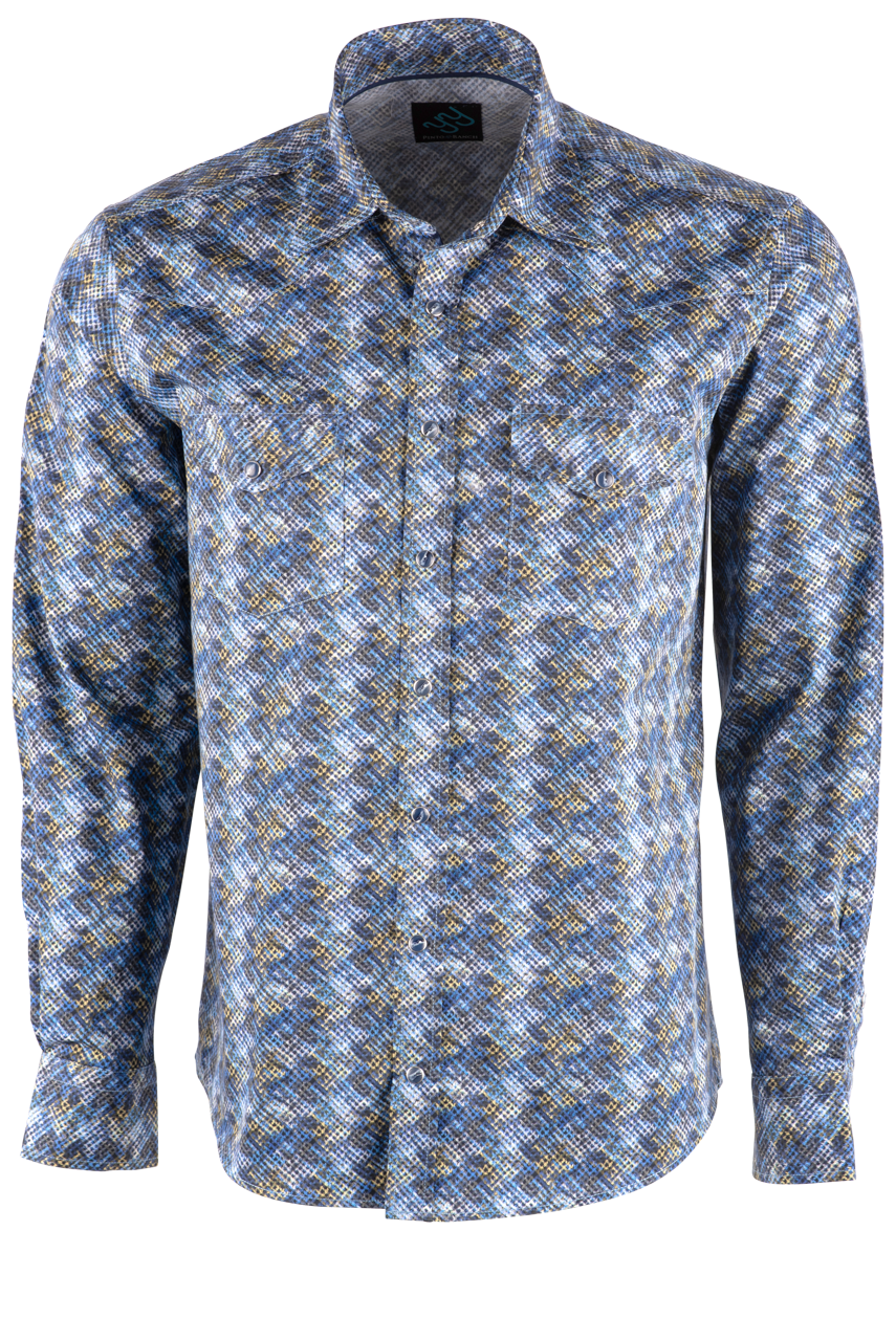 Pinto Ranch YY Collection Faded Diamond Long Sleeve Pearl Snap Shirt - Blue & Gold