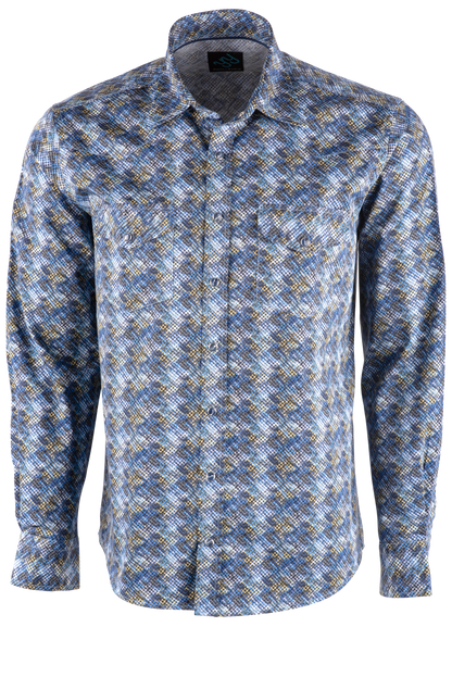 Pinto Ranch YY Collection Faded Diamond Long Sleeve Pearl Snap Shirt - Blue & Gold