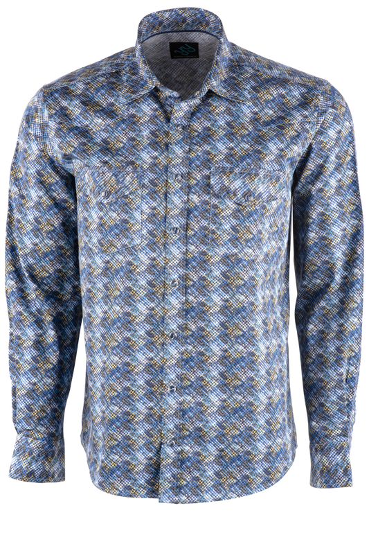 Pinto Ranch YY Collection Faded Diamond Long Sleeve Pearl Snap Shirt - Blue & Gold