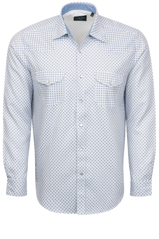 Pinto Ranch YY Collection Diamond Foulard Snap Front Shirt - White/Blue