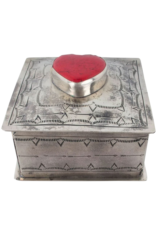 J. Alexander Silver Stamped Box with Coral Heart