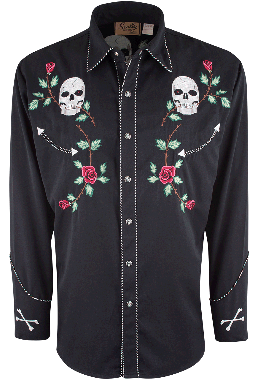 Scully Black Skull & Roses Pearl Snap Western Shirt | Pinto Ranch